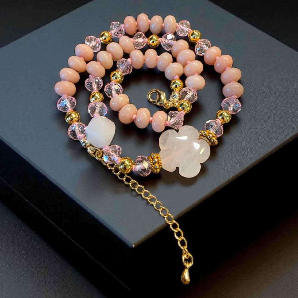 SALE!! Elegant Dusty Rose Quartz and Crystal Beaded Necklace NWT